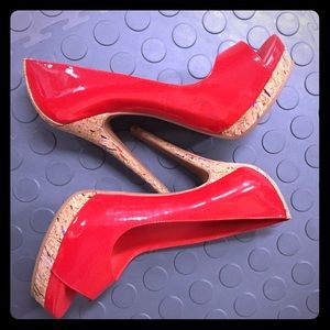 Patent Red Platforms w/ Multicolored Cork